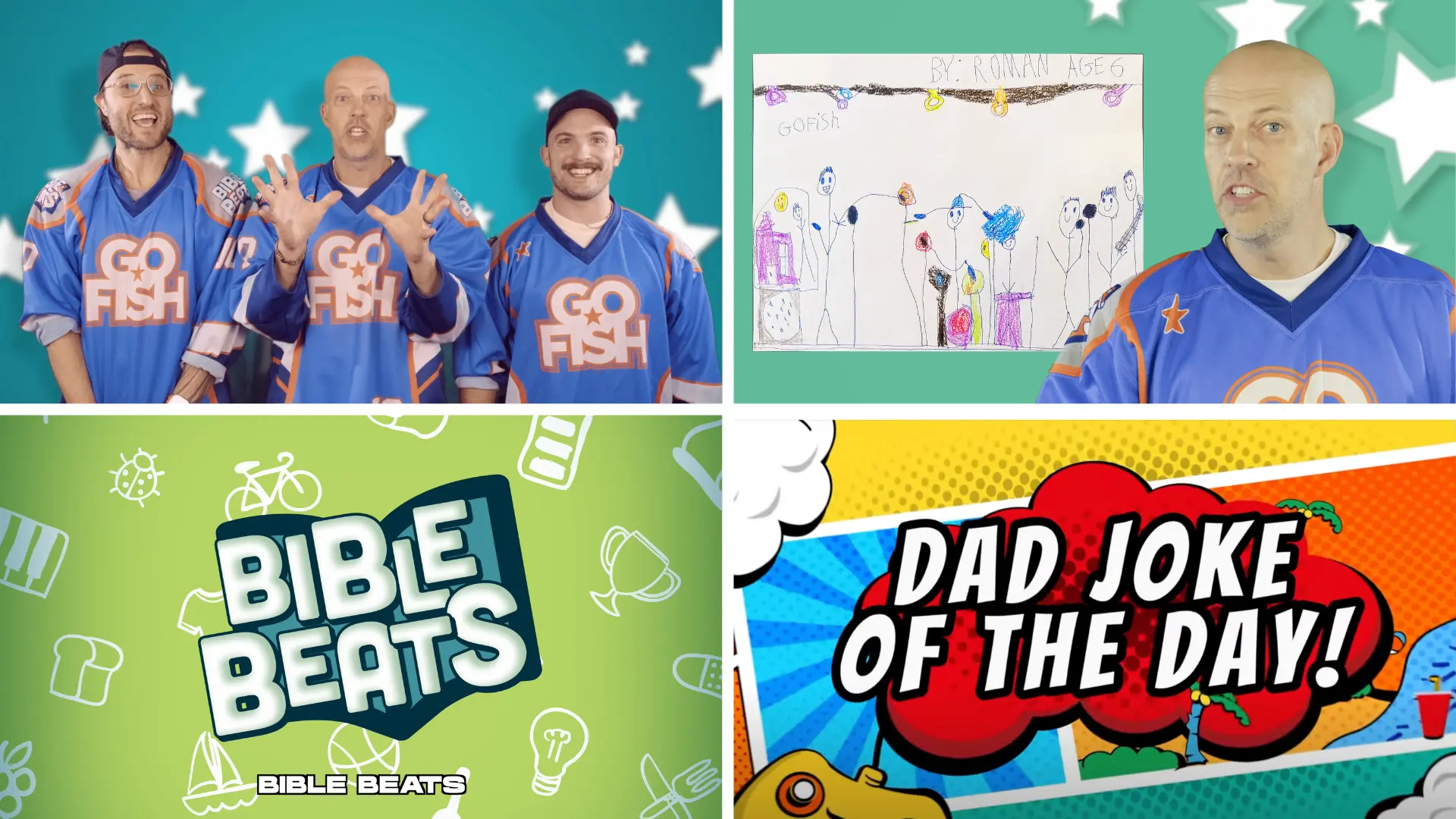 A collage of DJ Chase, Chad, and Jamie for The Go Fish Podcast for kids.