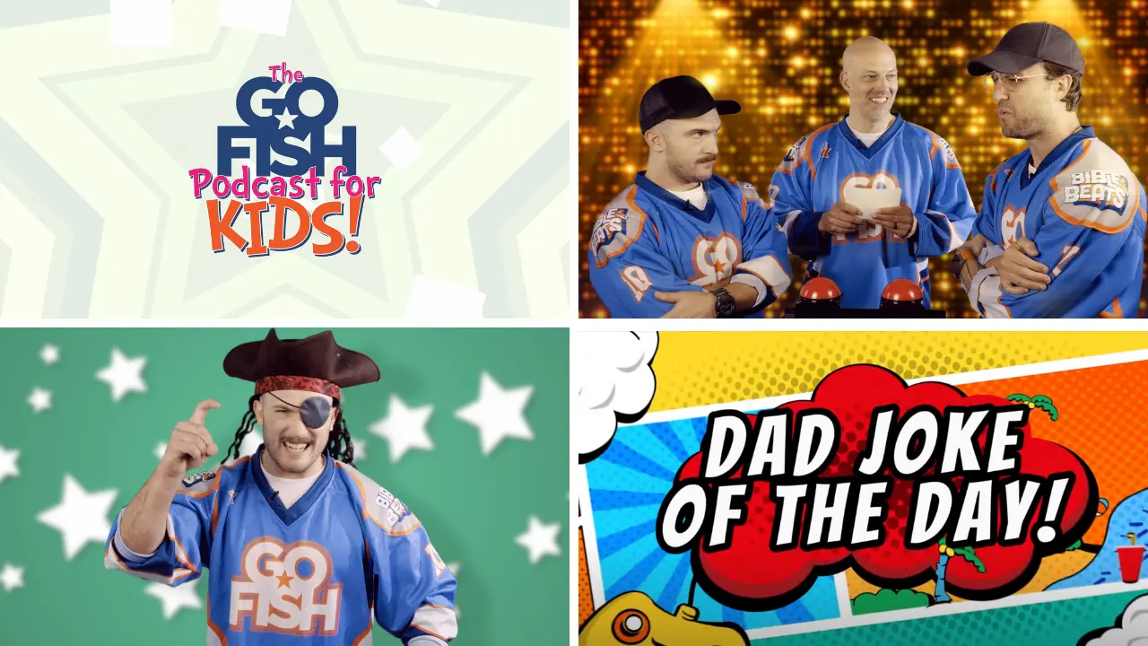 A collage of DJ Chase, Chad, and Jamie for the Go Fish Podcast for kids.