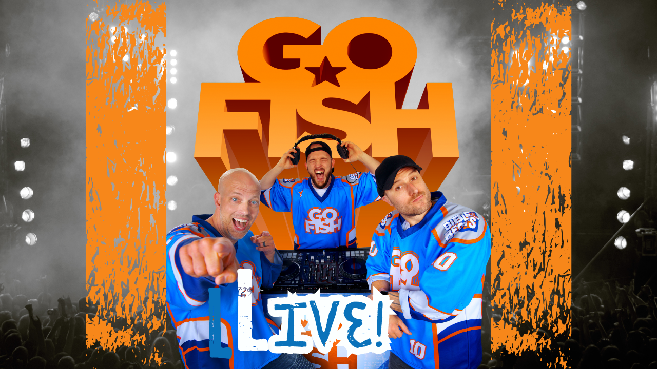 Three members of Go Fish wearing blue and orange jerseys performing live on stage with DJ equipment, large 'Go Fish' 3D text in the background, and the word 'LIVE!' in bold at the bottom.