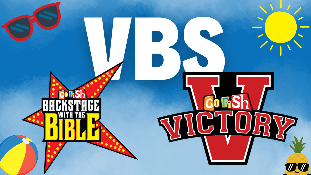 Colorful VBS graphic with the text "Go Fish Backstage with the Bible" and the "Go Fish Victory" logo.