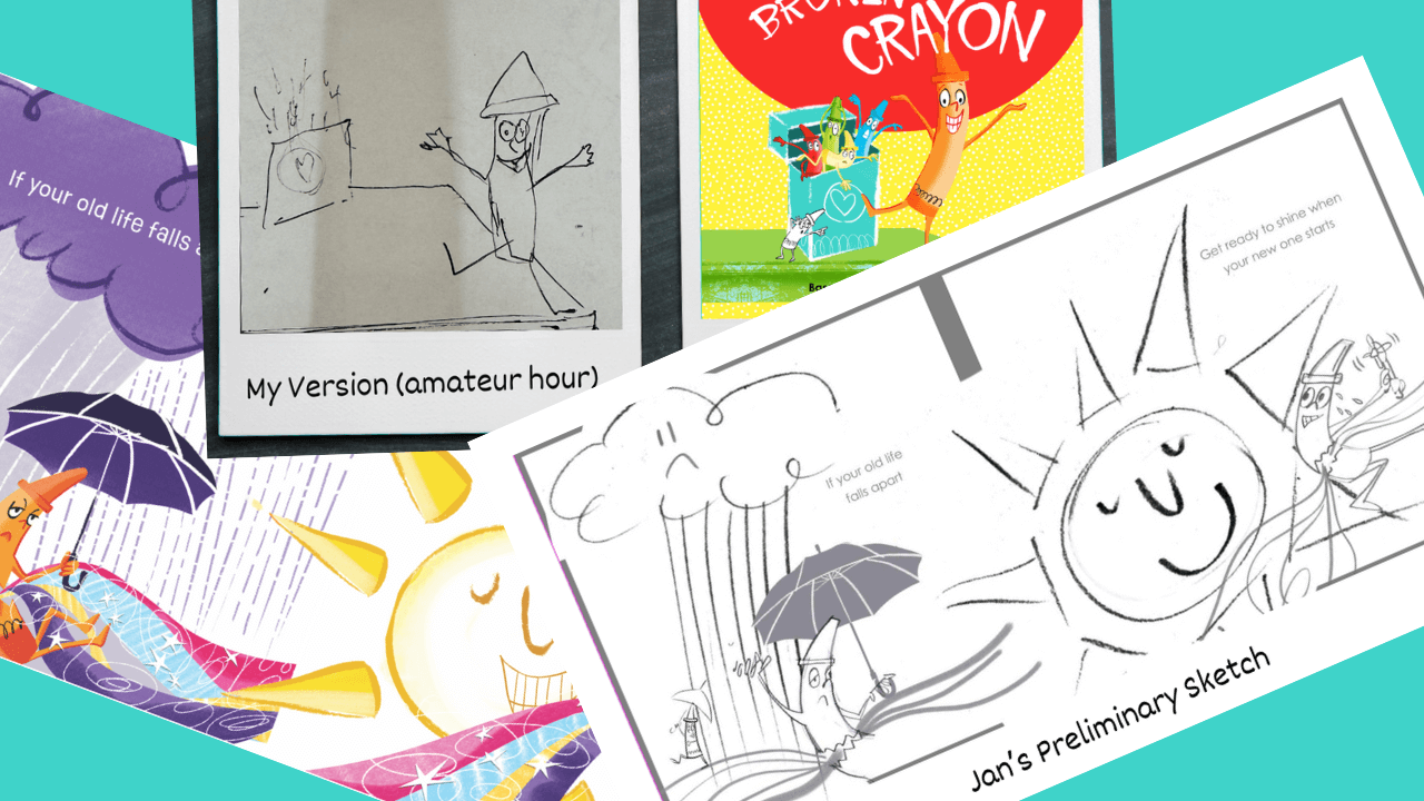 Colorful photo featuring various children's drawings with different subjects and styles.